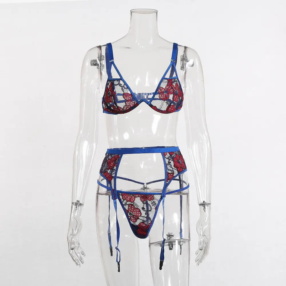 Bosmay transparent mesh sexy lingerie bra and panties Lsets embroidery flower Underwear lace see through sexy lingerie suit