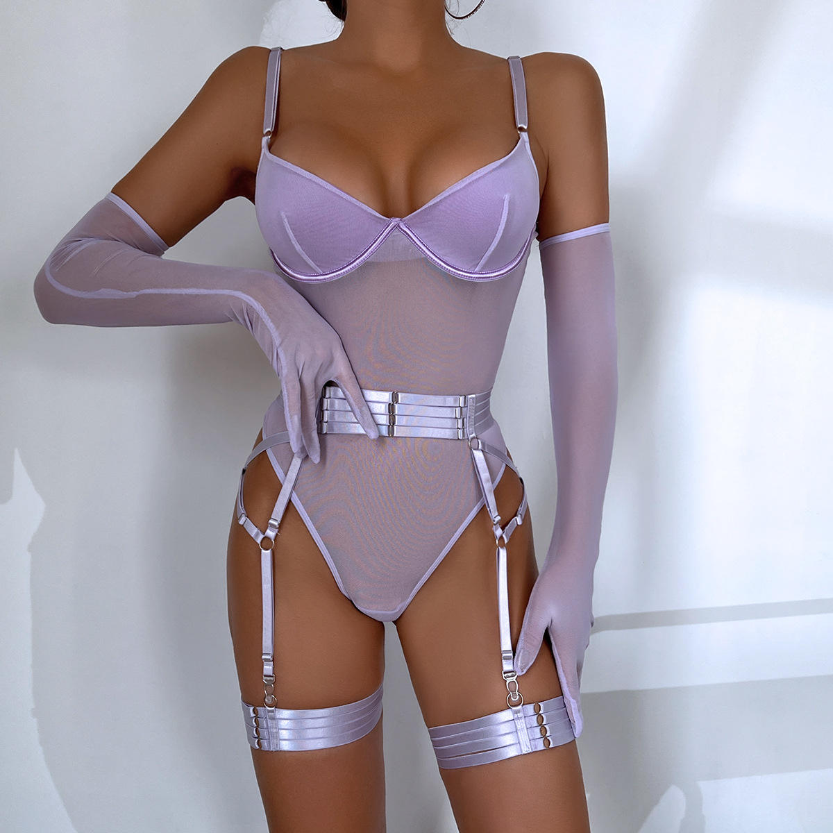 Bossmay Wholesale Hot Sale 2024 Women Sexy Underwear Exotic Mesh Lace Bandage Transparent Luxury Bodysuit Lingerie with Gloves