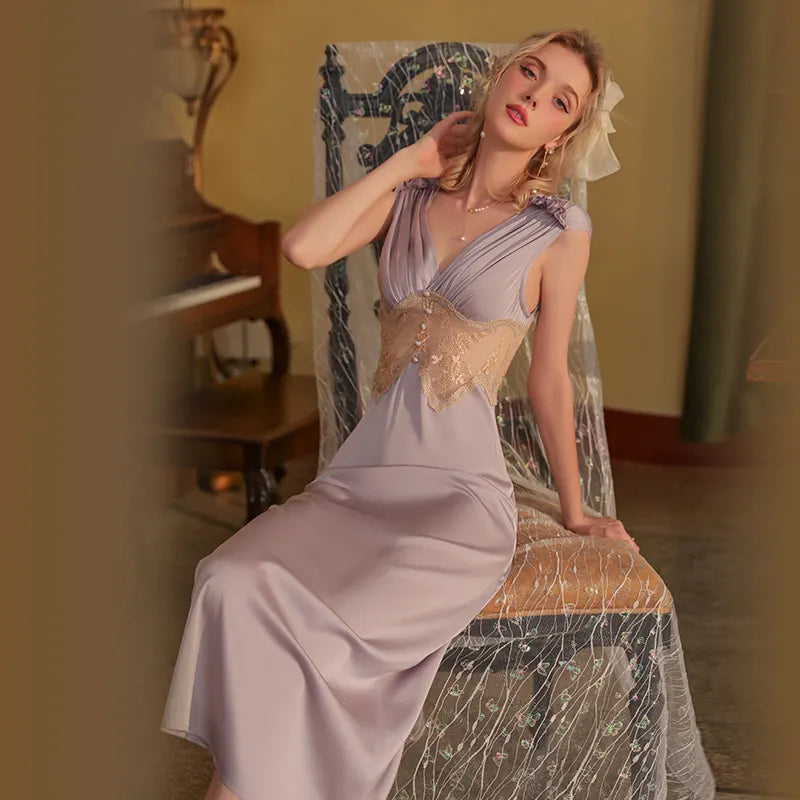 Bossman French Romantic Sexy Deep V Stain Lace Waist Slimming Ladies Home Long Nightdress Women's Full Length Sleepwear