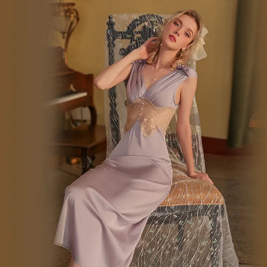 Bossman French Romantic Sexy Deep V Stain Lace Waist Slimming Ladies Home Long Nightdress Women's Full Length Sleepwear
