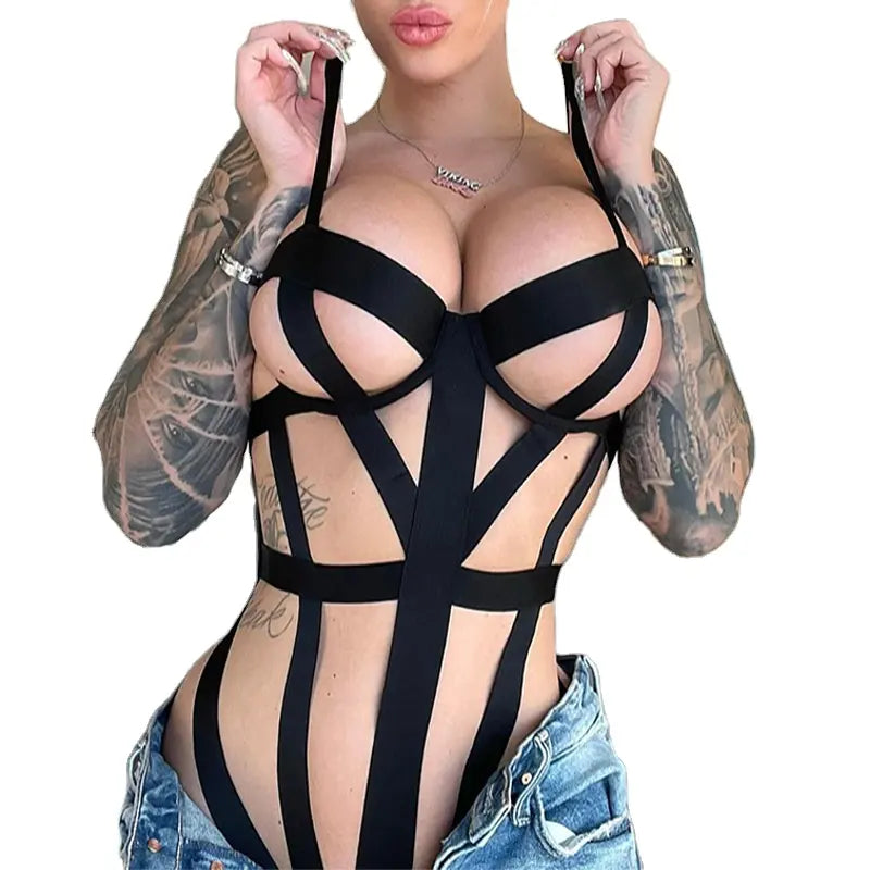 Bossman Women Sexy Bodysuit Erotic Seductive Black Hollow Out Harness Lingerie Crotchless Bodysuits Crossed Bondage Lencera