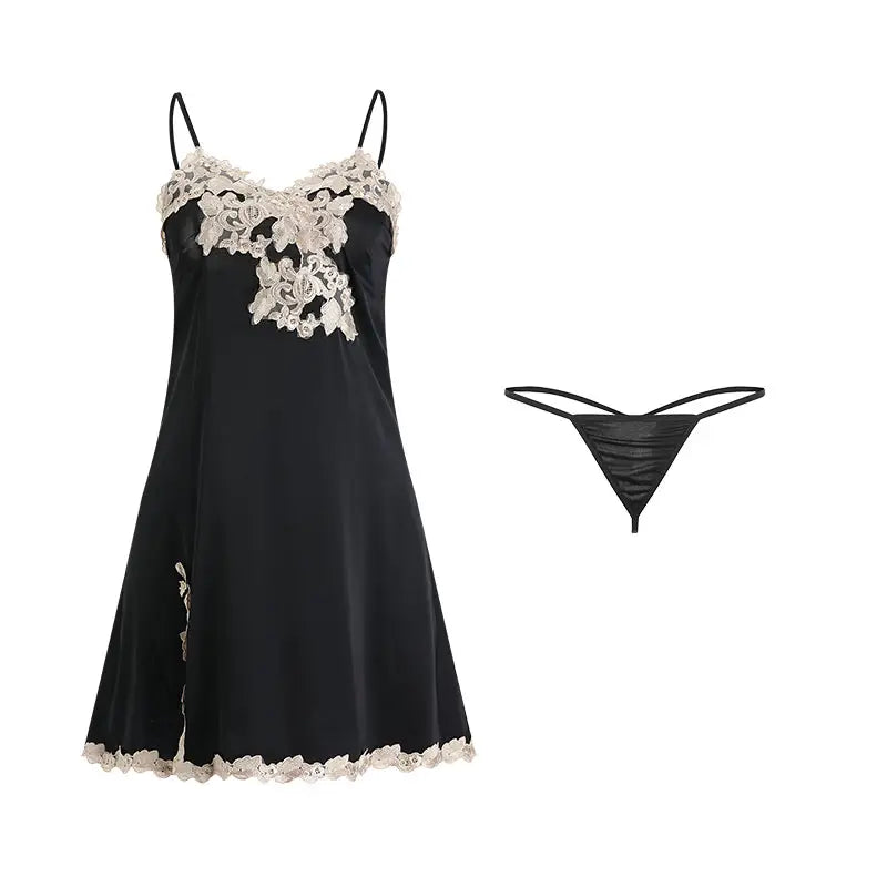 Bossman Euro-america Lounge Wear Women Silk Embroidery Lace Side Split Slips And Thong Sexy Nighties