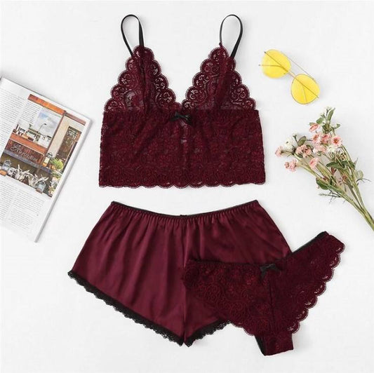 womens sexy underwear Bossman Women's Sleepwear Sexy Women Pyjama Lace V-neck Sleeveless Top And Shorts Pajama 3pcs Lingerie Set bridesmaid dresses
