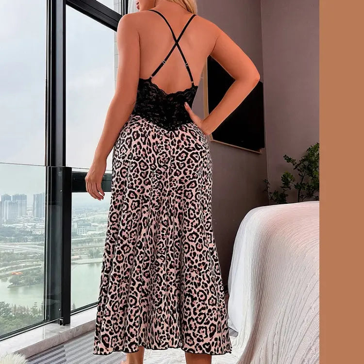 Bossman Sexy women black lace leopard print robe night slip dress long leopard print sexy backless lace up slim midi dress