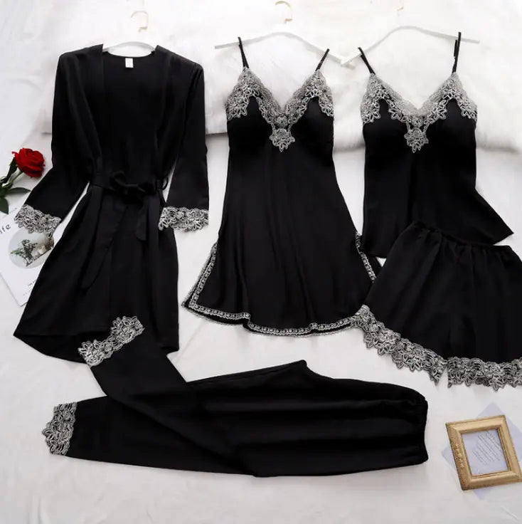 Bossman Five Pieces Women Satin Lace Mesh Sleepwear Homewear Nightwear Pyjamas Set Leisure Wear Sleepwear
