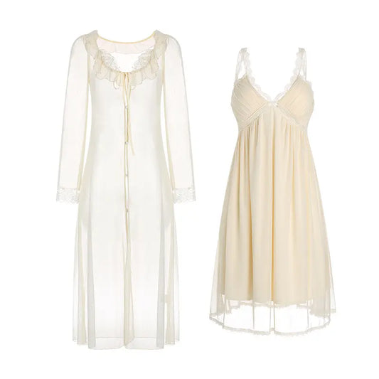 Bossman French Gauze Patchwork Lace Sexy V-neck Have Breast Pad Nightdress Ladies Pure Desire Home Dress Set