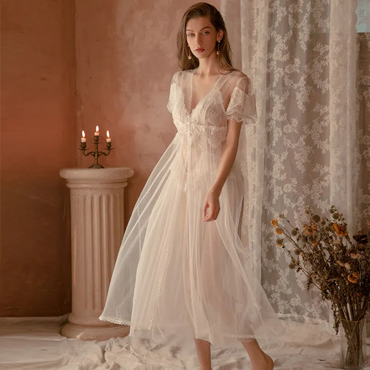 Bossm hot sale pure bridal honeymoon set sexy sheer lace robe with long lace backless dress lingeries womens sexy underwear