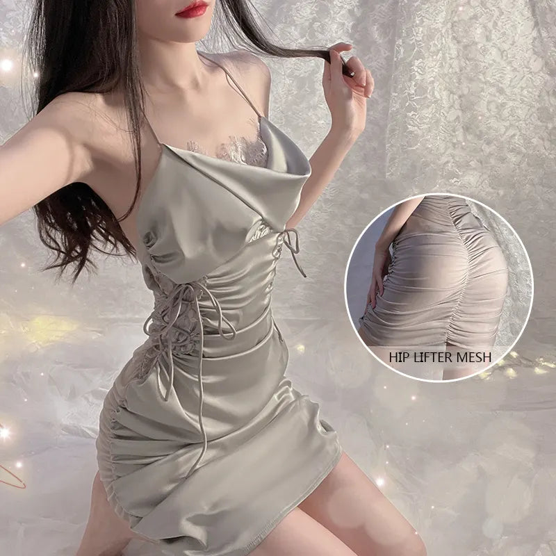 BOSMAY luxury sleepwear lace silk pleated slip dress women nighties sexy lounge wear Valentines day gift