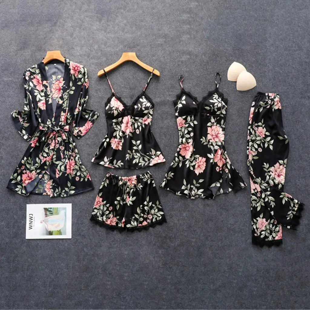 Bossman Female short sleeve sleepwear Five piece set satin nightgown night rob nightwear Pajamas Set women's sexy underwear
