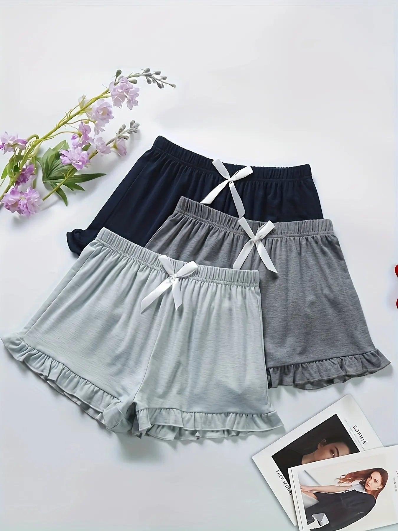 3 Packs Lettuce Trim Bow Decor Shorts Casual Shorts For Spring & Summer Women's Clothing short pants home wear shot pants