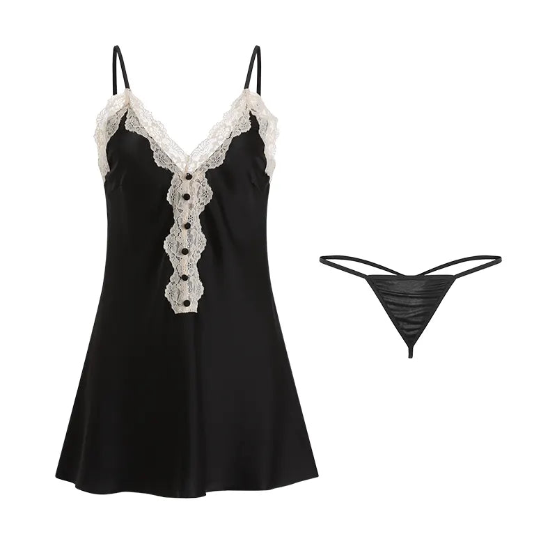 Bossman Euro-america French Style Lounge Wear Vintage Lace Silk Women Deep V Slips Sexy Nighty Dress Set