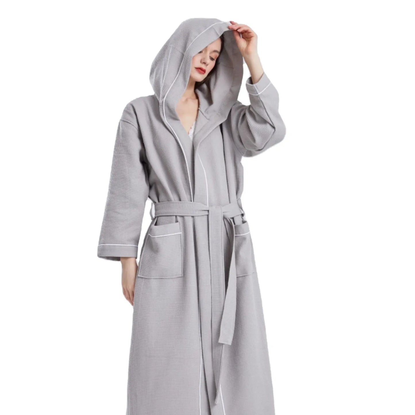 Long Luxury Waffle Weave Kimono Bathrobe Lightweight Spa Robe 100% Turkish Cotton For YRF
