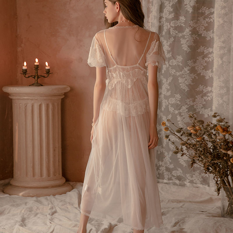 Bossm hot sale pure bridal honeymoon set sexy sheer lace robe with long lace backless dress lingeries womens sexy underwear