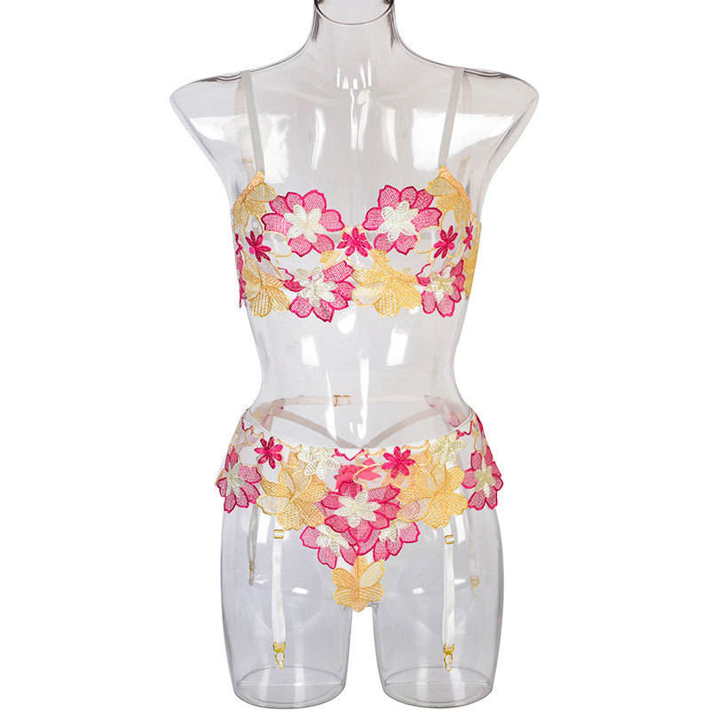 Bossman 2022 high quality flower embroidery mesh bra thong 3 piece lace lingerie set with garter