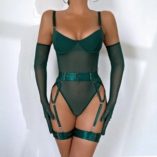 Bossmay Wholesale Hot Sale 2024 Women Sexy Underwear Exotic Mesh Lace Bandage Transparent Luxury Bodysuit Lingerie with Gloves