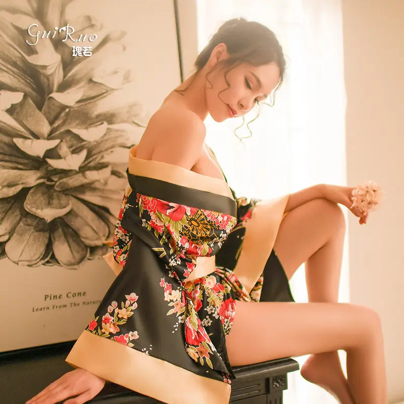 Bossman Wholesale Japanese Kimono Cherry Blossom Women Bathrobe Sexy Sleepwear Night Robe Set