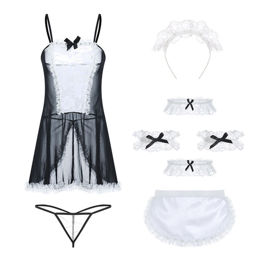 Bossman Women Sexy Costumes Sheer Lace French Maid Cosplay Uniform