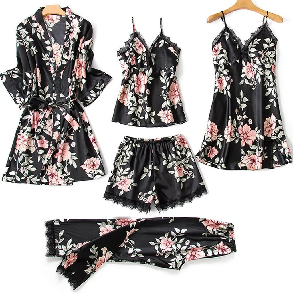 Bossman Female short sleeve sleepwear Five piece set satin nightgown night rob nightwear Pajamas Set women's sexy underwear