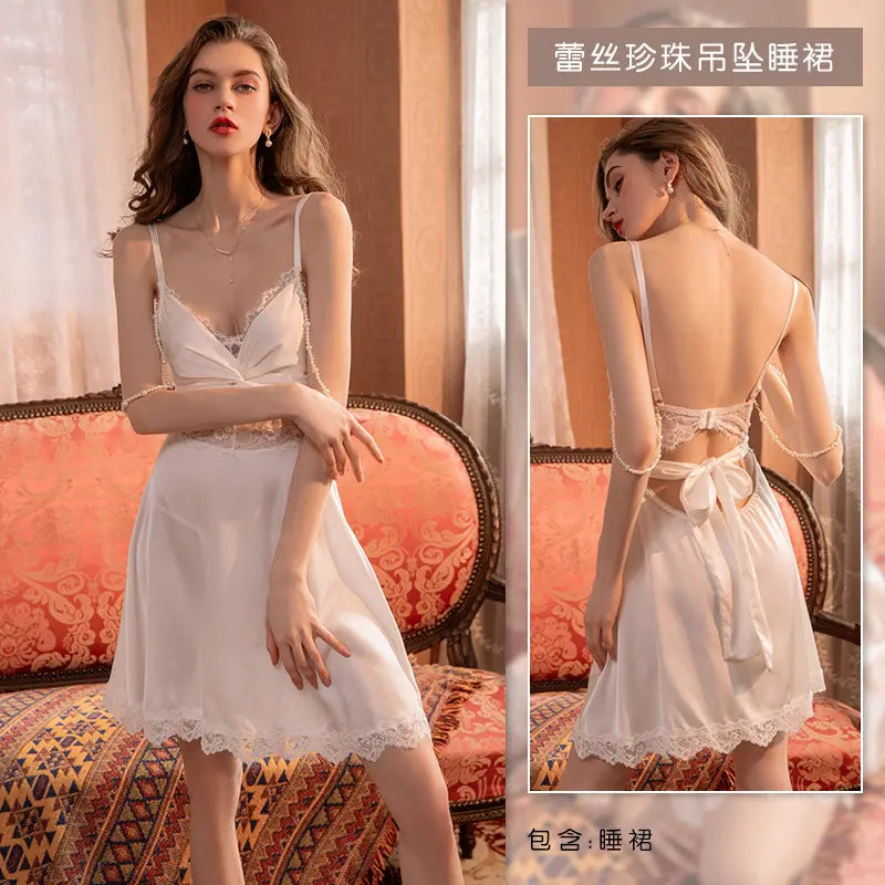 3023 Women's home dress sexy pure desire large size pajamas pearl binding satin pair set manufacturers direct sales