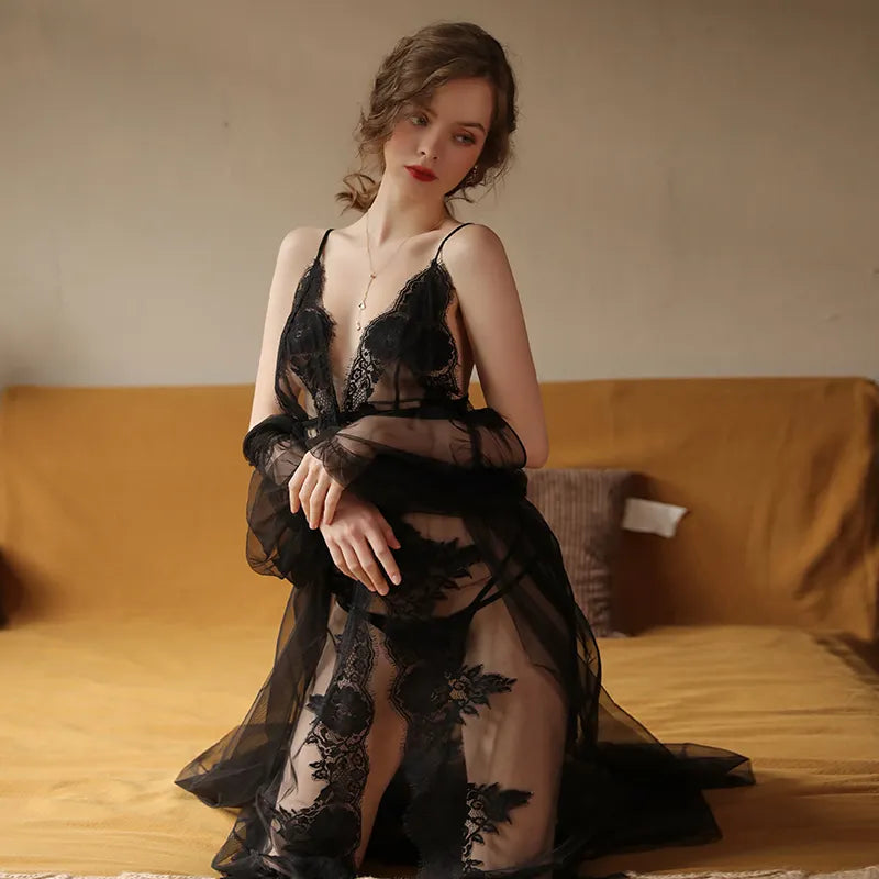 Bossman Bridal Night Dress Lace Babydoll Sexy Lingerie Babydoll with Sheer Robe Sleepwear For Princess Woman