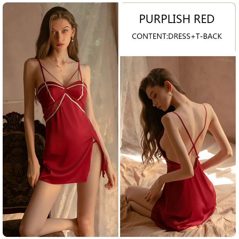BOSMAY new sleepwear lace silk padded bra slip dress and thong women nighties sexy lounge wear Valentines day gift