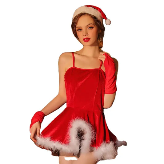 Bossman Christmas role playing babydoll dress with feather decoration lingeries womens Christmas suit cosplay Uniform