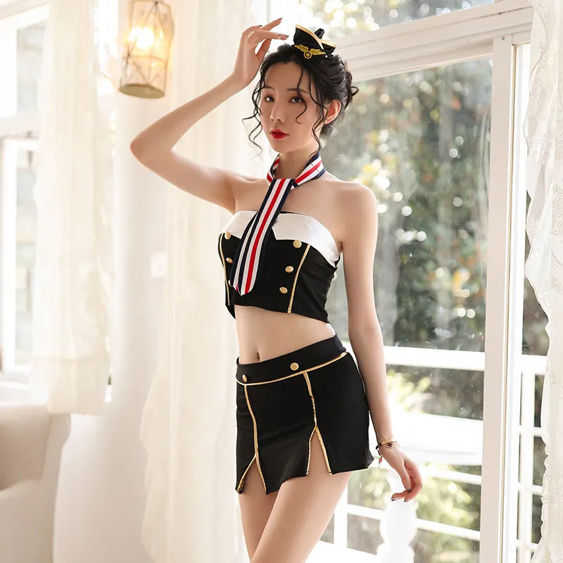 Bossman high quality role playing stewardess uniform Lingerie Roleplay Set Sexy Student Costumes Schoolgirl Lingerie with thong