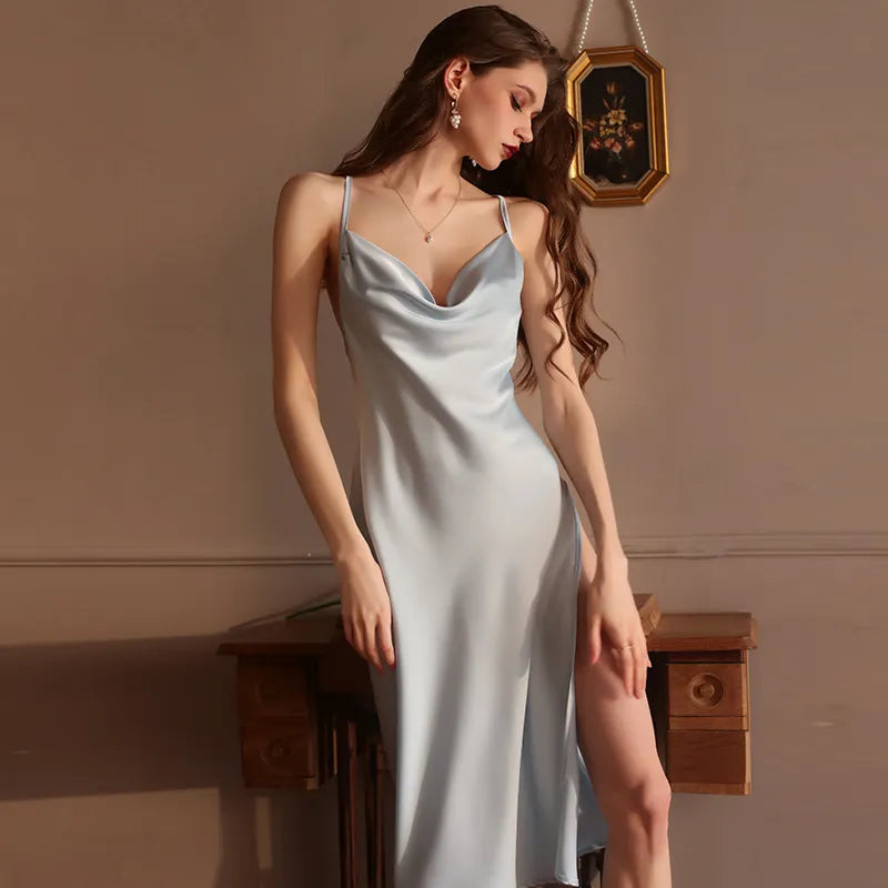BOSMAY light luxury sleepwear women nighties solid high split long night dresses BSM2122