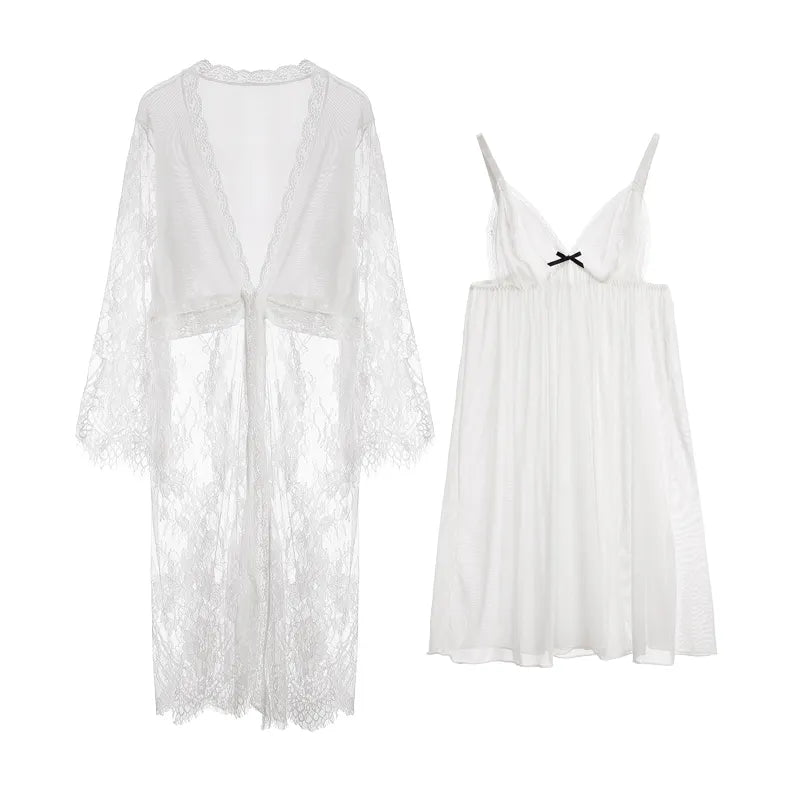 Bossman Women Sexy Night Wear Sheer Lace Slip Dress Belt Robe And Thong Three Pieces Lounge Wear