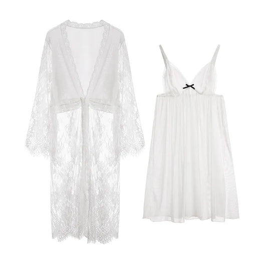 Valentine's Day women sexy night wear sheer lace slip dress belt robe and thong three pieces lounge wear