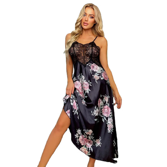 Bossman Ladies luxurious sexy silk satin black lace pajamas satin floral night dress