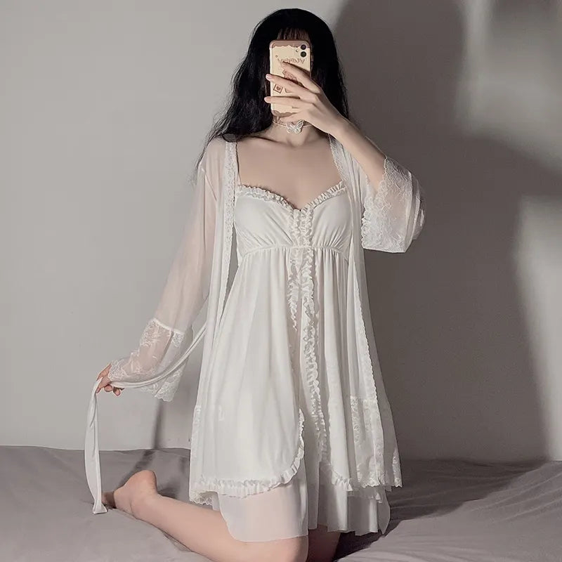 BOSMAY Euro- America luxury lounge wear women snow white flounce sweet night robe Valentines day gift