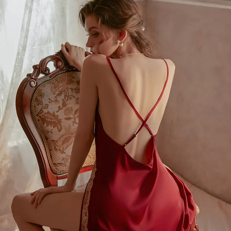 Bossman Brand Sexy Deep V Lace See-through Seductive Split Pajamas Backless Slip Dress Homewear Suit 1578
