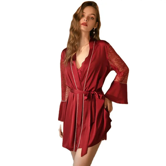 Bossman Women Lace Satin Deep V Slip Night Dress Bathing Robe Lounge Wear Set