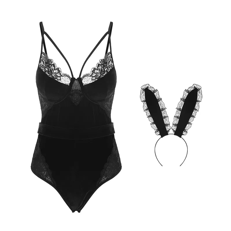 Bossman Sexy Costumes Wholesale Lingerie Women Halter Bodysuit Cosplay Bunny Girls Velvet Patchwork Lace Hot Role Play Costumes