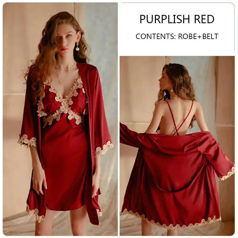 Bossman Hot Lounge Wear Women Kimono Silk Satin French Lace Ladies Night Robe superlatives looking and wearing