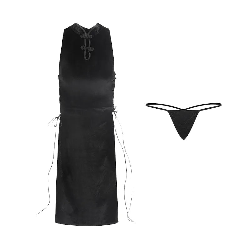 Bossman Chinese Retro Velvet Cheongsam Side Hollow Out Lace Up String Sexy Qipao Dress Traditional Chinese Clothing