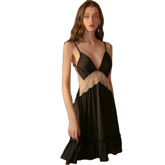 Bossman China Wholesale Women Imitated Silk Lace Slip Dress And Thong Lounge Wear Set