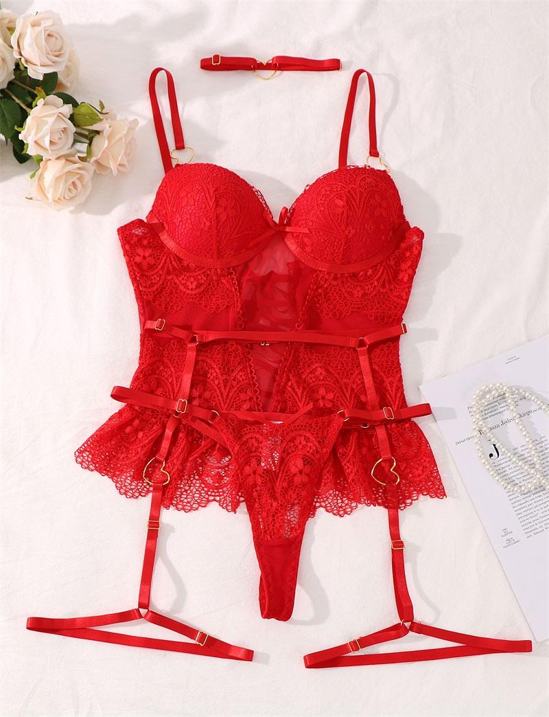 Bosmay Women Sexy Corset Lingerie With Bra Pads Erotic Long Bra Tie Up Sexy Women Red Lace Lingerie Garters Belt