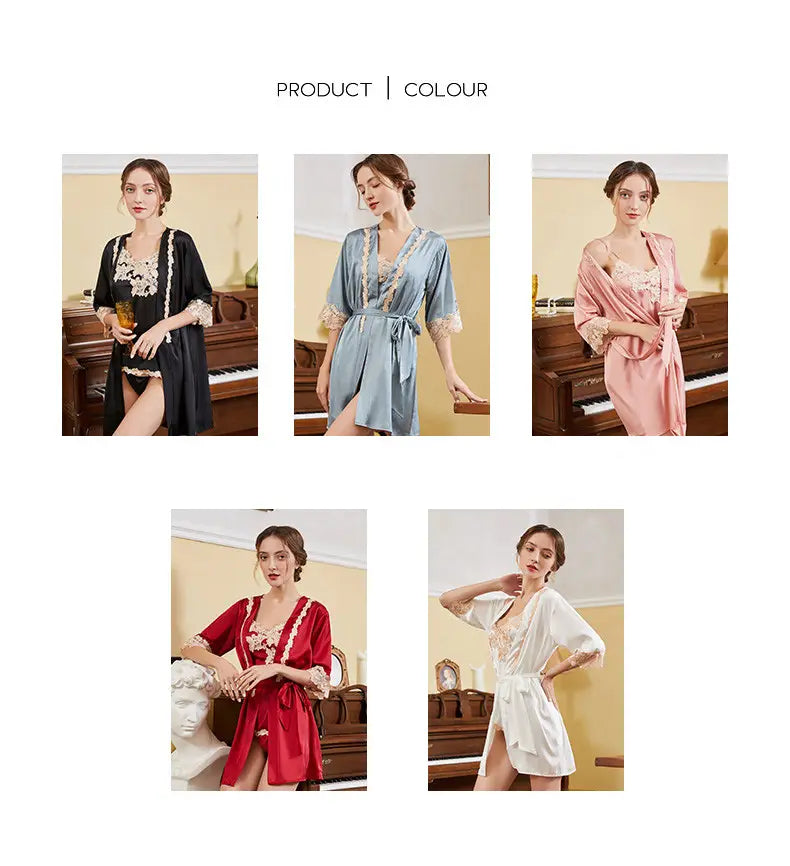 Bossm high quantity sexy pajama set sexy robe with belt and camisole and thong set lingeries womens sexy underwear