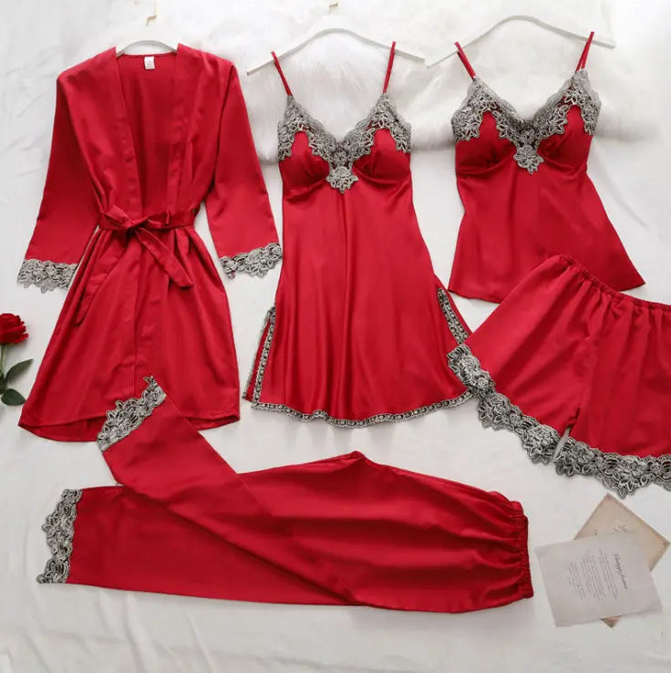 Bossman Five Pieces Women Satin Lace Mesh Sleepwear Homewear Nightwear Pyjamas Set Leisure Wear Sleepwear