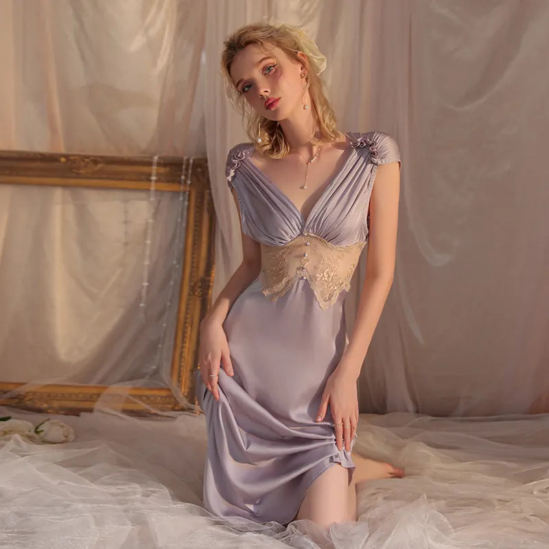 Bossman French Romantic Sexy Deep V Stain Lace Waist Slimming Ladies Home Long Nightdress Women's Full Length Sleepwear