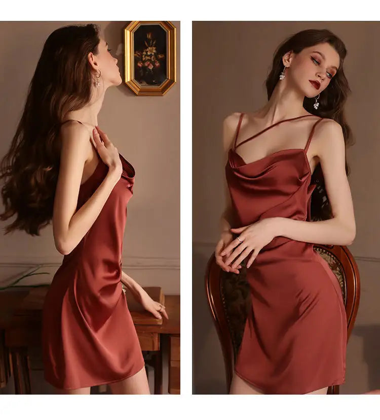 BOSMAY light luxury sleepwear women nighties solid silk satin night dresses BSM1677