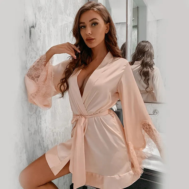 Bossman Hot Sale Lounge Wear Women Long Sleeve Lace Patchwork Satin Bathing Robe