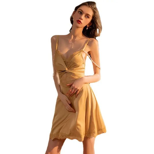 3023 Women's home dress sexy pure desire large size pajamas pearl binding satin pair set manufacturers direct sales