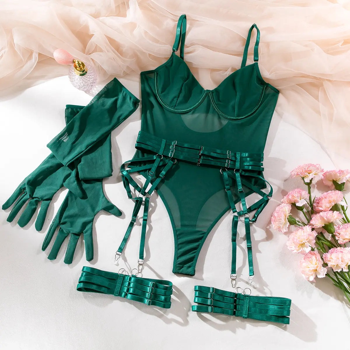 Bossmay Wholesale Hot Sale 2024 Women Sexy Underwear Exotic Mesh Lace Bandage Transparent Luxury Bodysuit Lingerie with Gloves