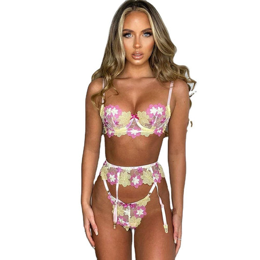 Bossman 2022 high quality flower embroidery mesh bra thong 3 piece lace lingerie set with garter