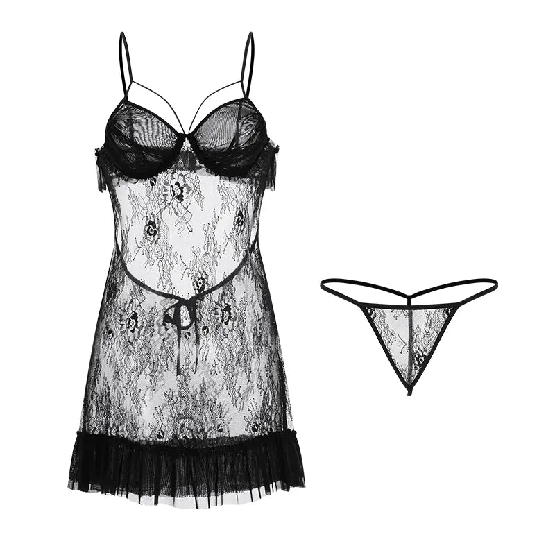 Bossman High Quality Three Colors Lace Sheer Lady babydoll Dress With Thong Set lingeries Babydoll Dress For Honeymoon