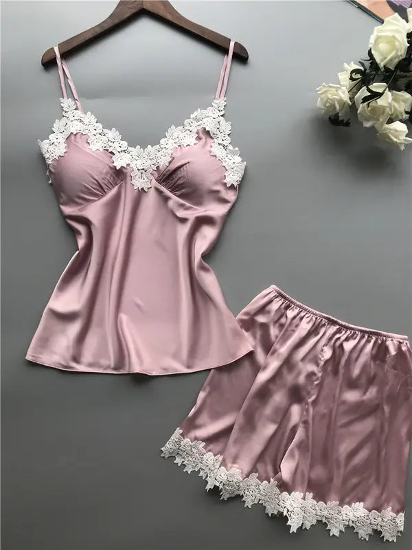 Bossman Female Sleeveless Satin camisole Pajama Set Sleepwear For Women Cute Cartoon Print Sexy Tank Shorts Camisole