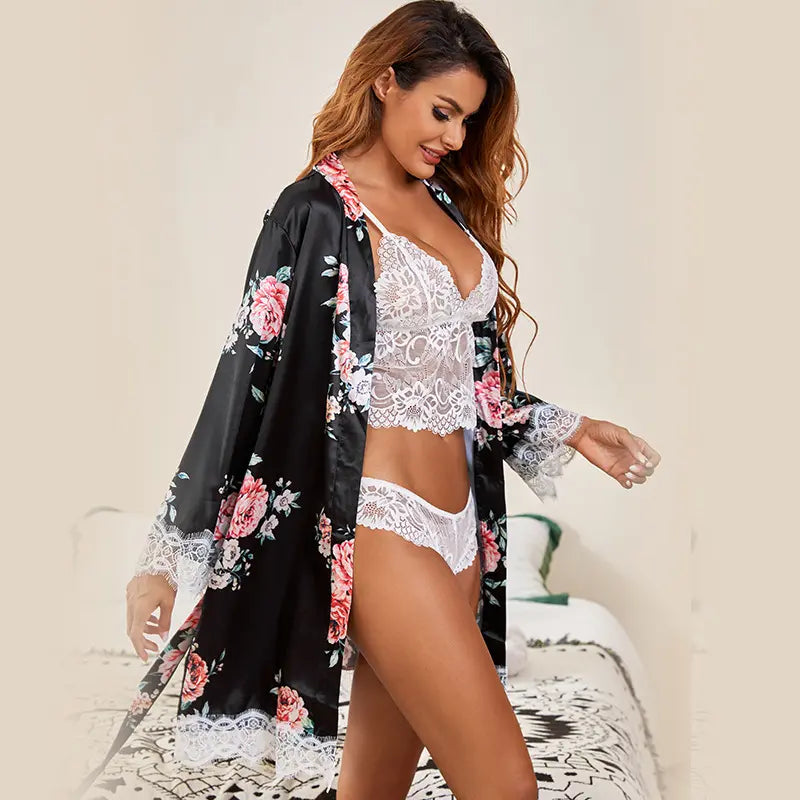 Bossman high quality four pieces set lace camisole long robe with two kinds shorts satin home wear comfortable pajamas suit